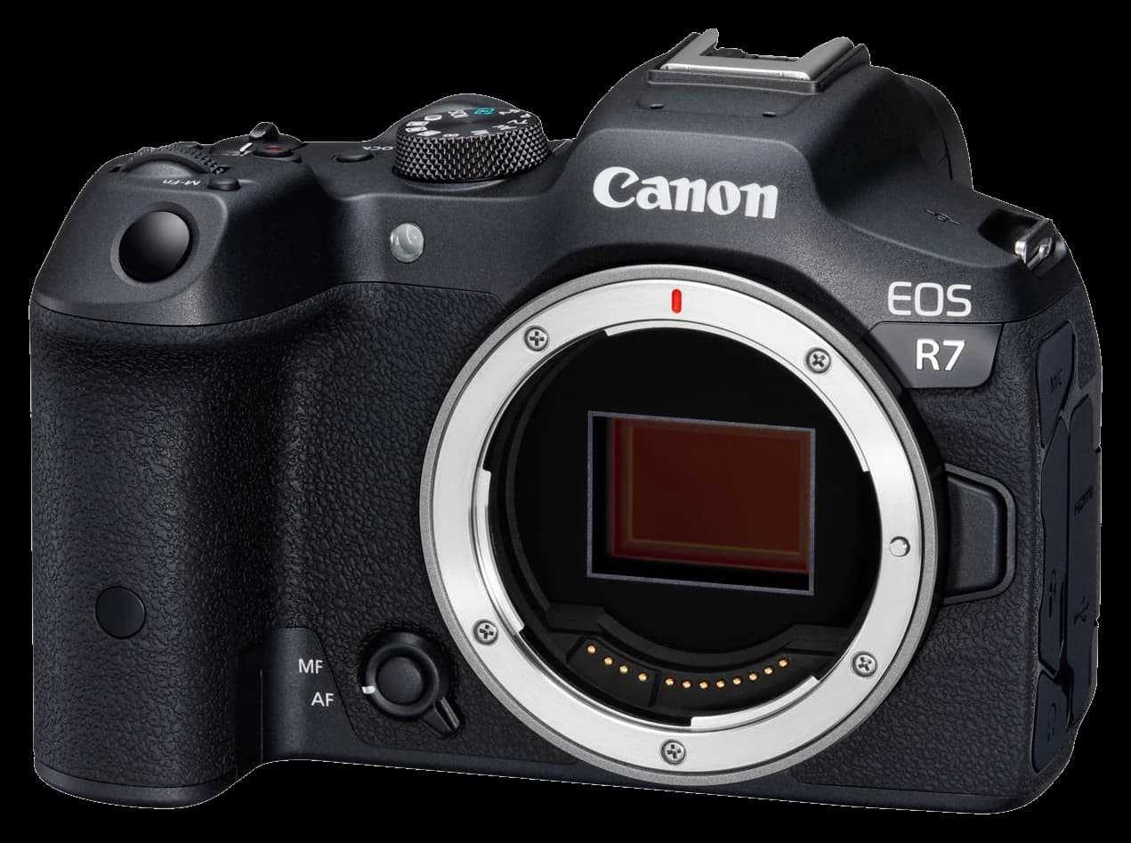 Canon EOS R7 camera body on a white background