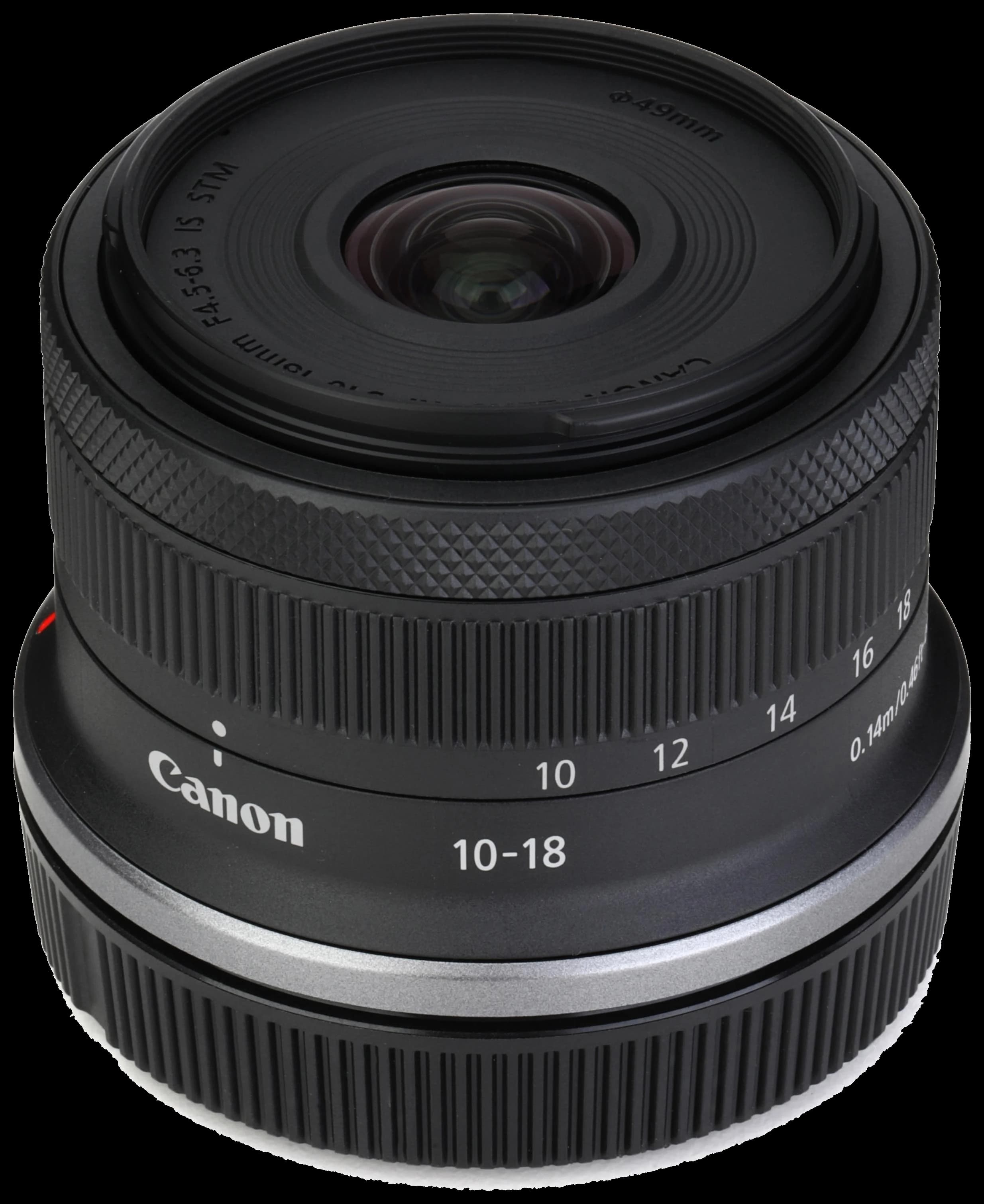 Canon RF 10-18 lens close-up on a white background