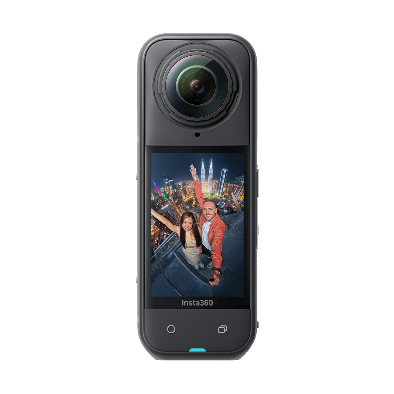 Insta360 X5 camera front view on a black background