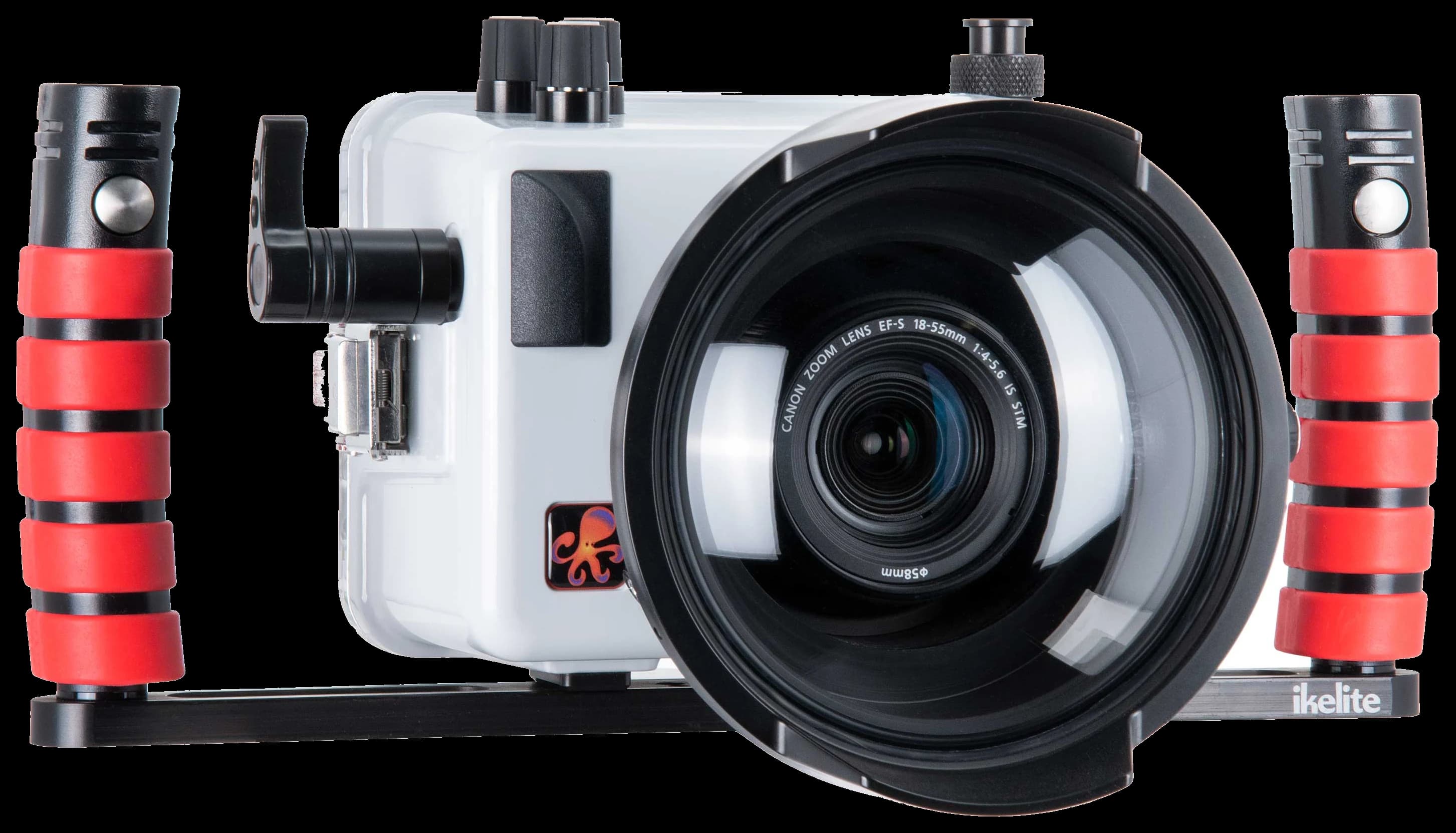 Underwater camera housing for a Canon R7 setup on a white background